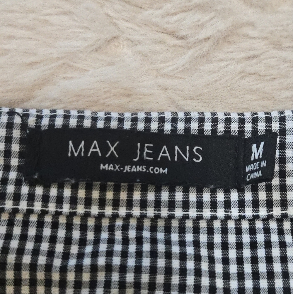 Max Jeans Black & White Checked Ruched Bubble Sleeve Belted Cotton Blouse Medium - Picture 2 of 9